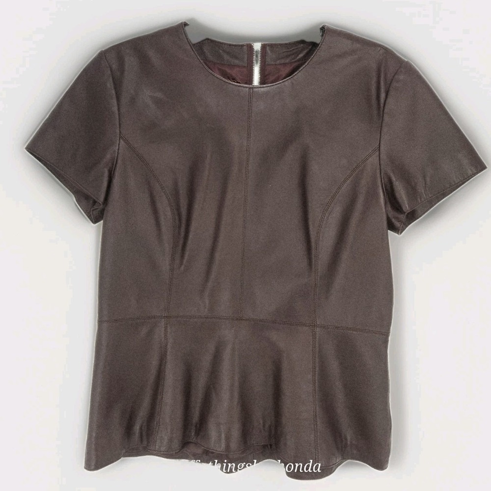 Neiman Marcus Exclusive Womens Leather Peplum Top Chic Burgundy Classic Capsule